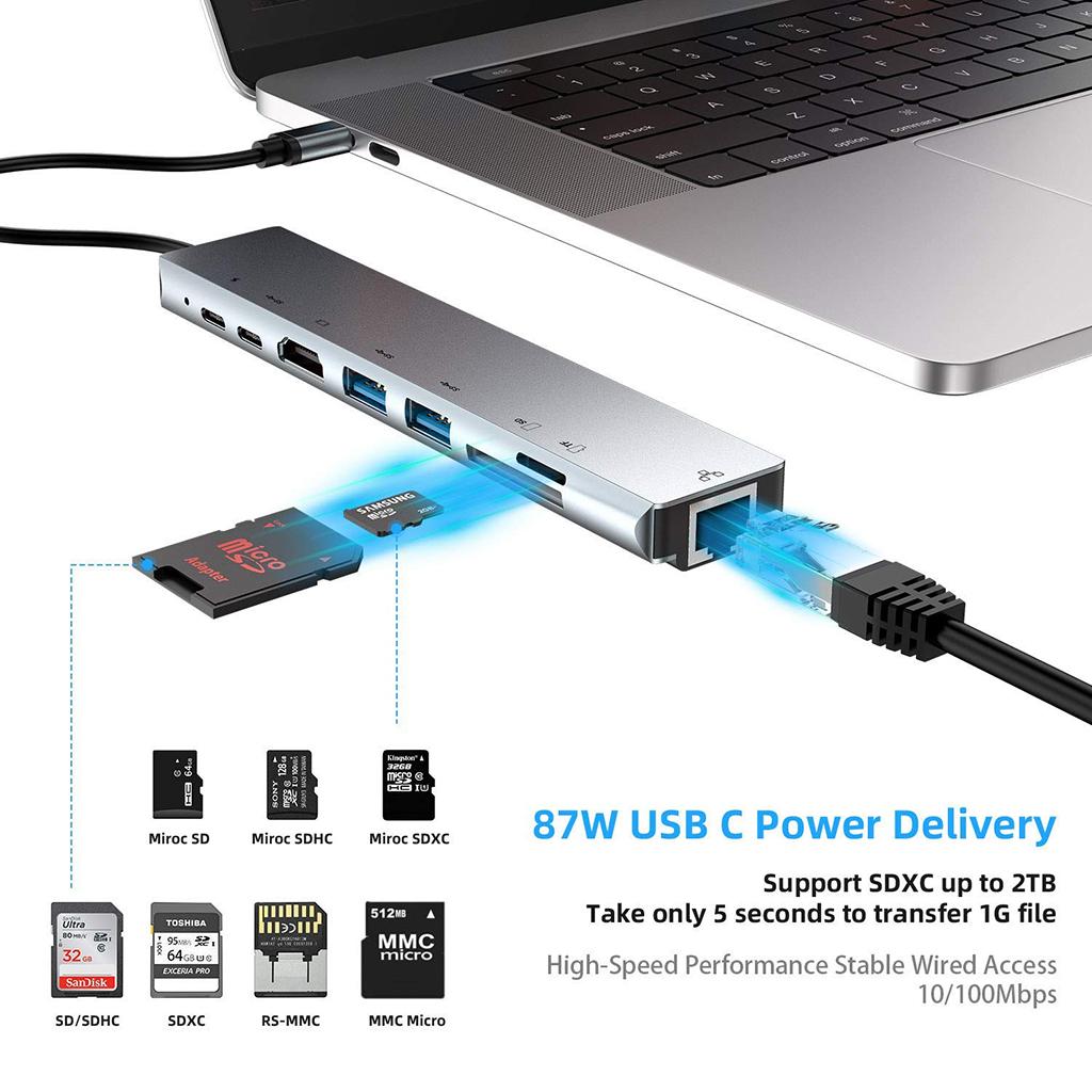 Aluminum Multifunction USB Type-C 8 In 1 HDMI Hub Adapter Card Reader Silver