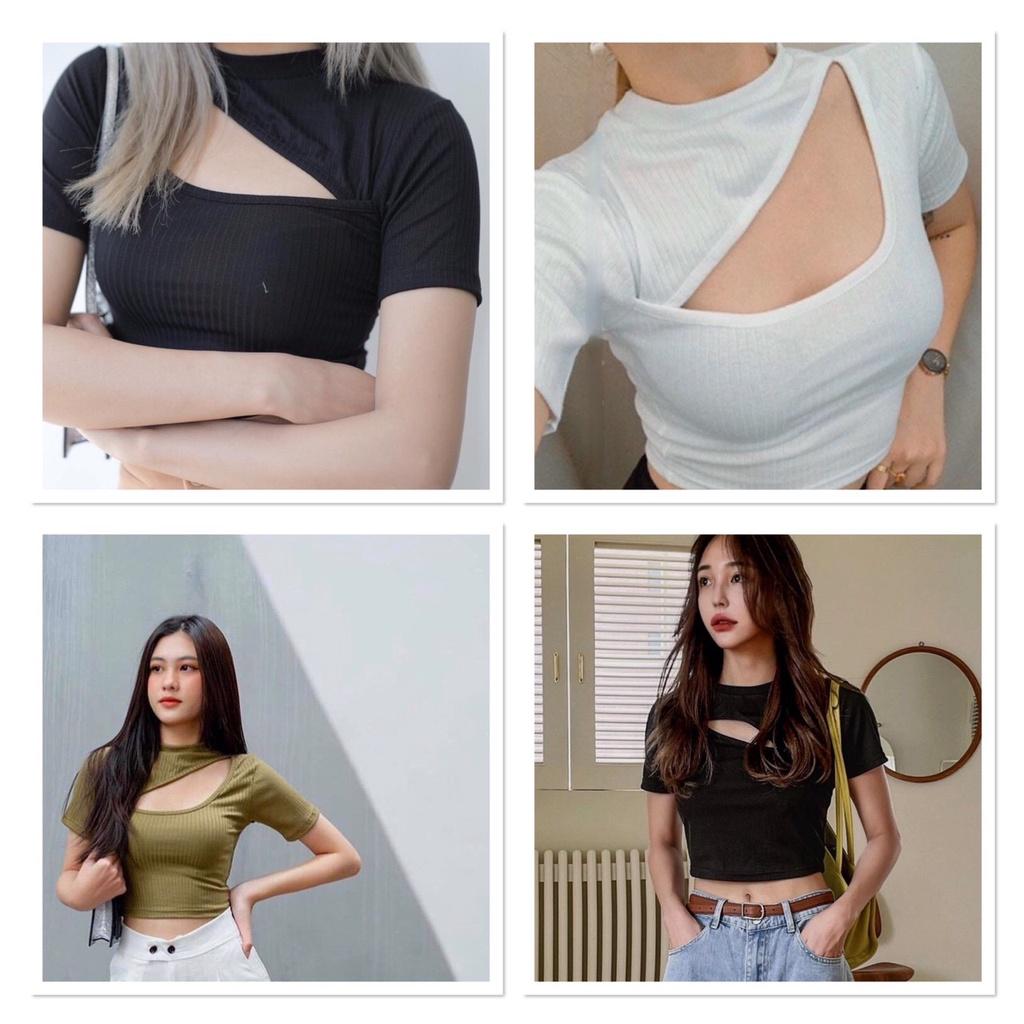 Áo Croptop Nữ Ngắn Tay Khoét Ngực Henia Áo Thun Nữ Cổ Tròn Ôm Body Thiết Kế Cực