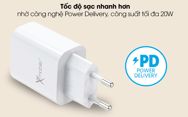 Adapter Sạc Type C PD 20W Xmobile A829 Trắng - Hàng chính hãng