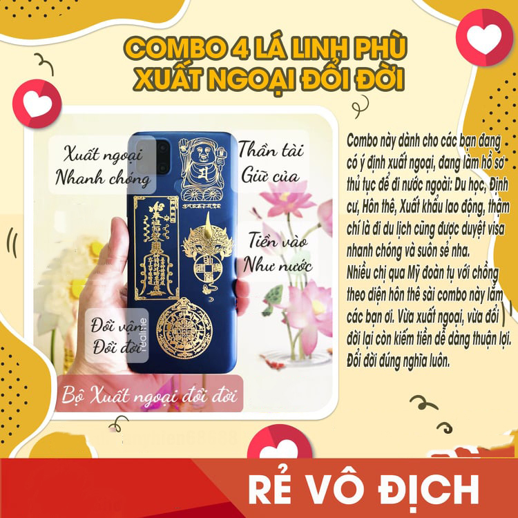 Combo 4 lá linh phù xuất ngoại đổi đời XUẤT NGOẠI NHANH CHÓNG+THẦN TÀI GIỮ CỦA+TIỀN VÔ NHƯ NƯỚC+ĐỔI VẬN ĐỔI ĐỜI. Để bóp ví, dùng làm miếng dán điện thoại, máy tính, nhà cửa, xe