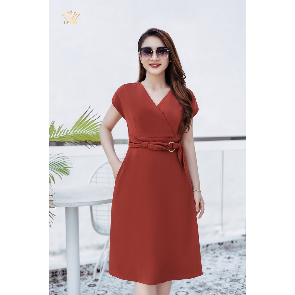Đầm form A công sở TTV1103 TTV Store thiết kế cổ đắp chéo tay cánh dơi màu cam gạch