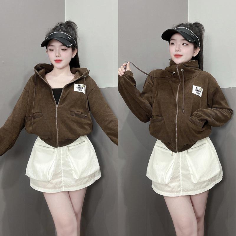 Áo khoát của nữ Thun Gân Thêu Mặt Cười 4 Túi thời trang ngộ nghĩnh-A2075 - Kem Thêu Mặt Cười