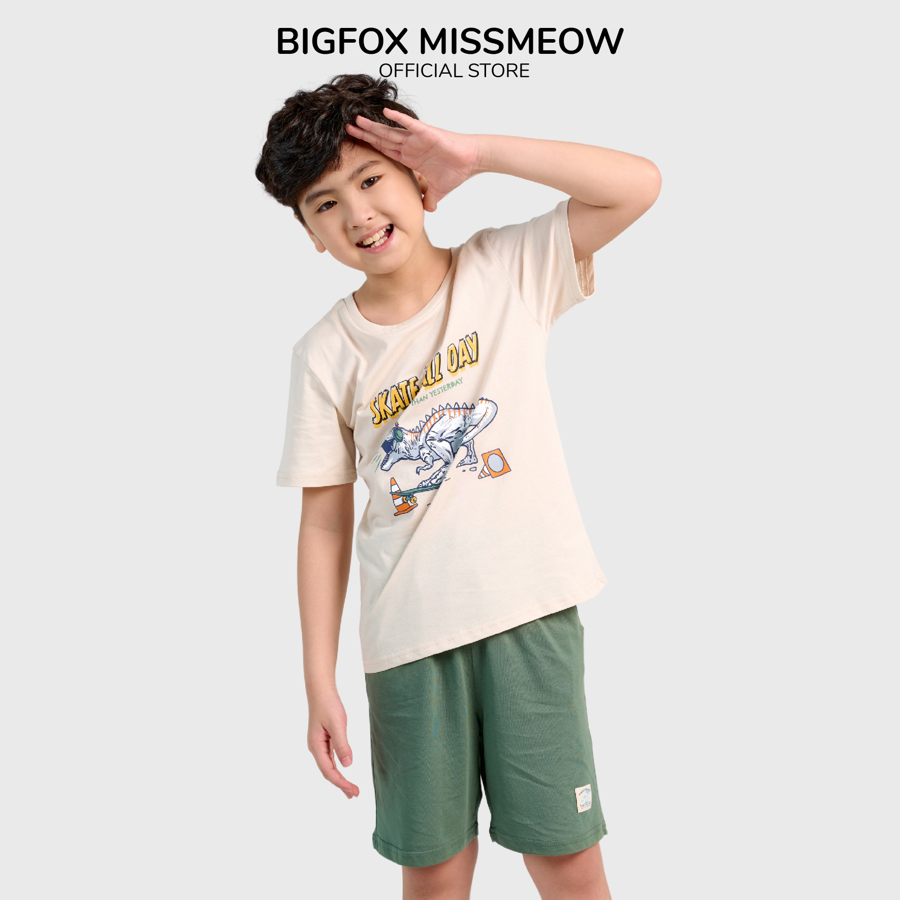 Bộ Quần Áo Bé Trai Bigfox, Bộ Cộc Tay Trẻ Em Mùa Hè Chất Cotton Mát In Hình Khủng Long Skate