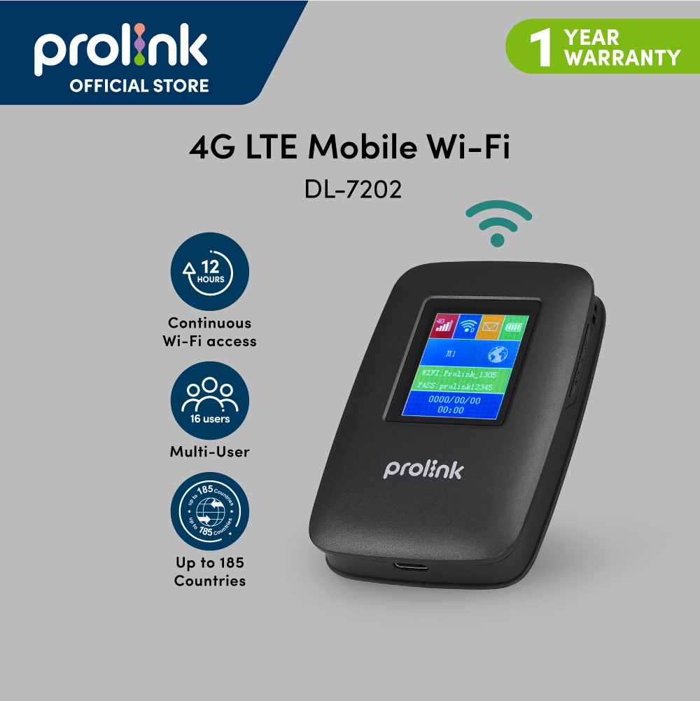 Bộ phát Wifi di động PROLiNK DL7202 dùng SIM 4G LTE 150Mbps, pin 3000mAH lên tới 12h, TFT 1.44&quot;, hỗ trợ 185 quốc gia - Hàng chính hãng