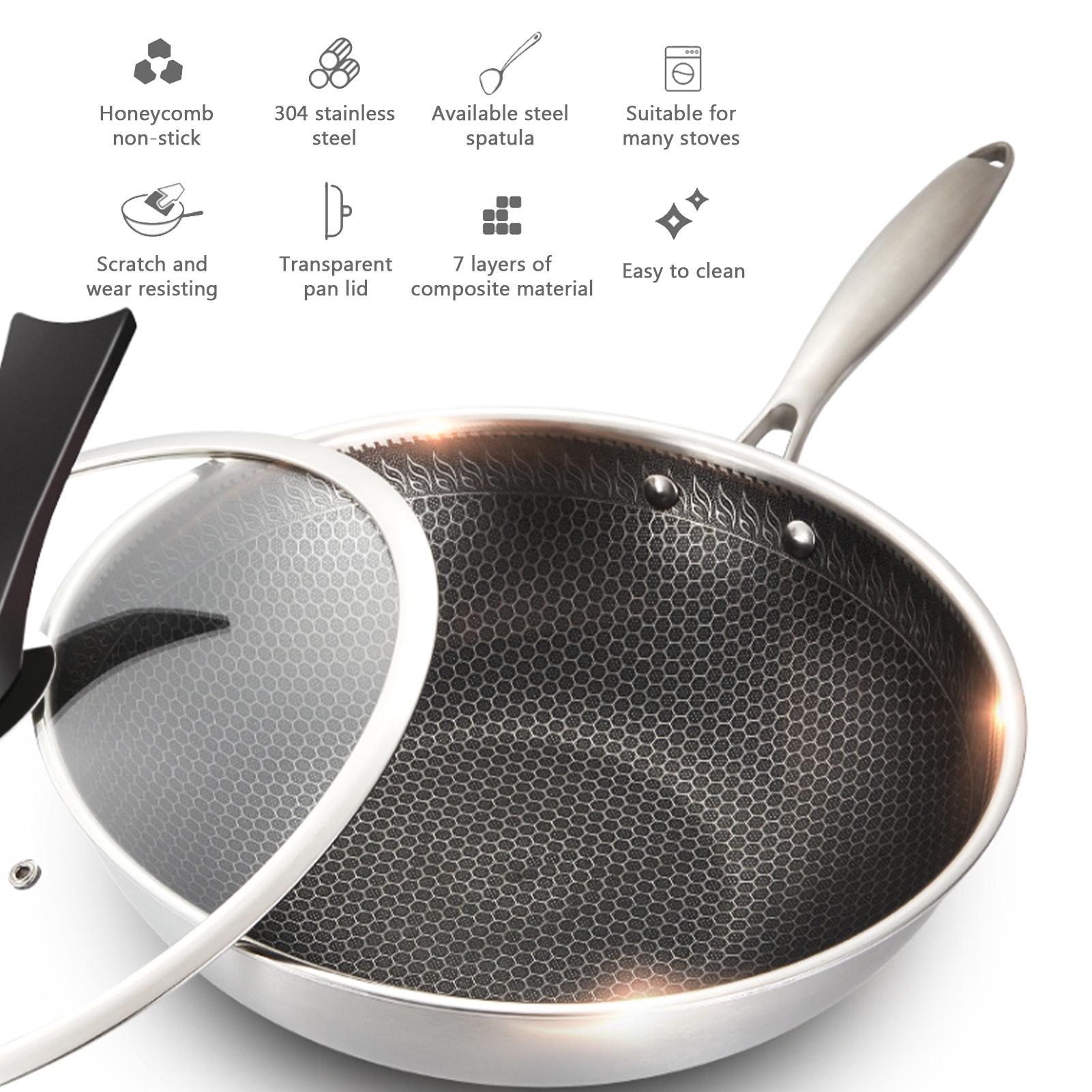 Chảo chống dính có nắp, đáy phẳng, được làm bằng thép không gỉ 304 cao cấp, dễ dàng vệ sinh