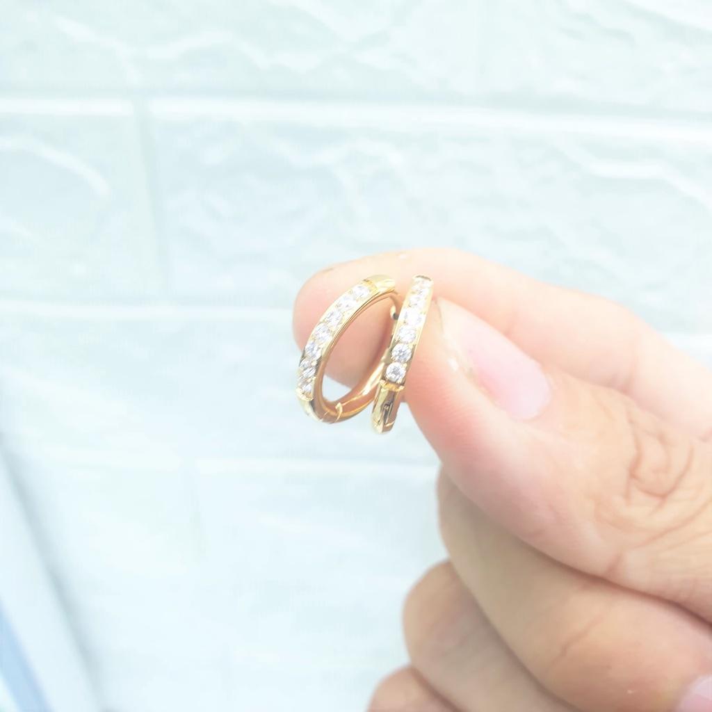 Bông Tai Khoanh Đính Xoàn 4 Chấu Titanium Cao Cấp-Không rơi đá-Dùng lâu dài tắm rửa thoải mái
