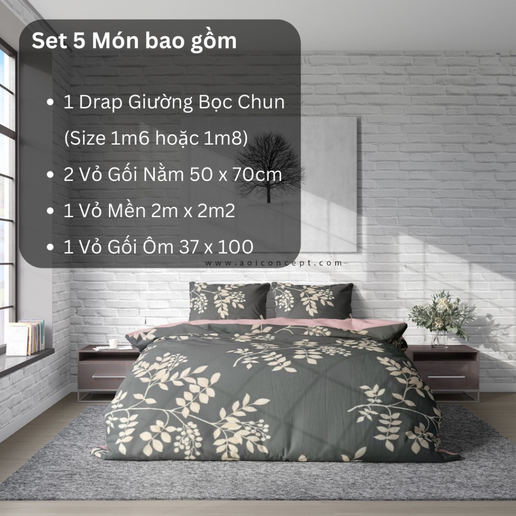 Bộ Chăn Ga Gối 5 Món Cotton Satin Size 1m8 x 2m Nhiều Hoa văn À Ơi Concept cao cấp Hàn Quốc