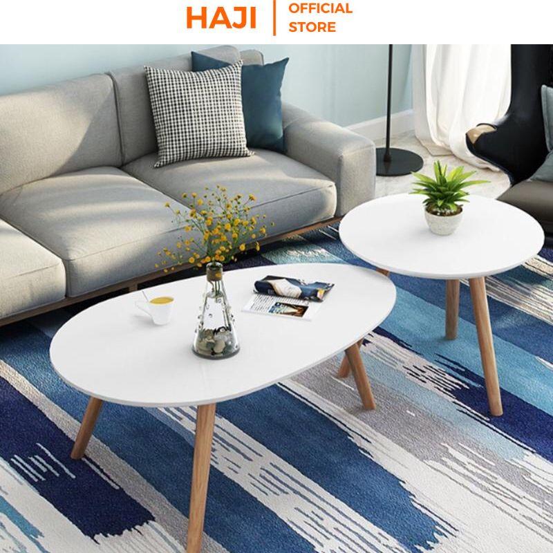 Bàn trà sofa phòng khách HAJI hình trứng hiện đại, Bàn cafe chân gỗ sồi chắc chắn màu sắc trendy sang trọng A55