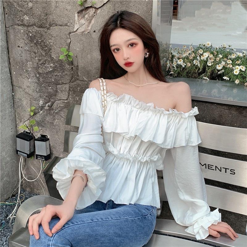 Áo Trễ Vai Viền Bèo Dài Tay Nữ 2 Tầng