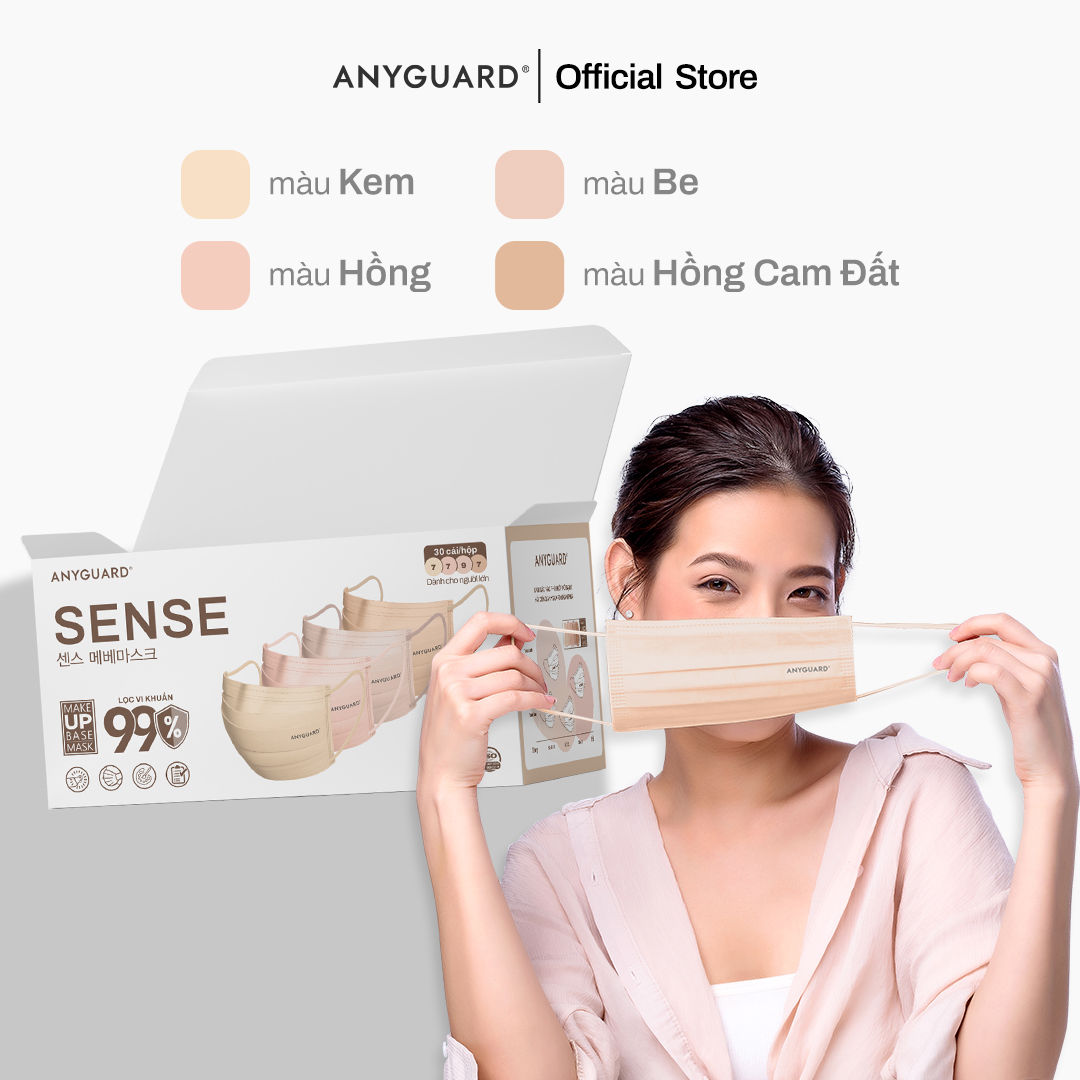 Hộp Khẩu Trang Y Tế ANYGUARD SENSE MAKE UP BASE Lọc 99% Vi Khuẩn, Màu Sắc Trendy, An Toàn Da Nhạy Cảm Dành Cho Người Lớn (Hộp 30 Chiếc/ Màu Kem, Be, Hồng, Hồng Cam Đất)