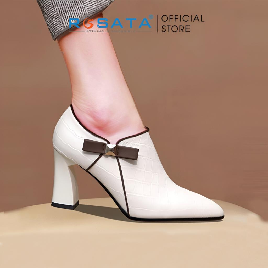 Giày bốt nữ cổ thấp đế vuông 7 phân mũi nhọn phối nơ khóa kéo ROSATA RO591 ( BẢO HÀNH 12 THÁNG ) - Đen
