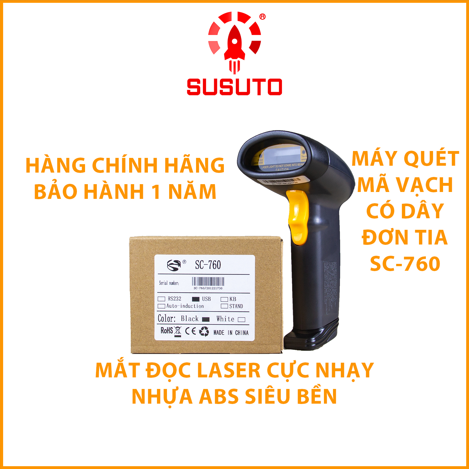 Máy QUÉT mã vạch cầm tay có dây đơn tia 1D SC-760 ( Hàng chính hãng)