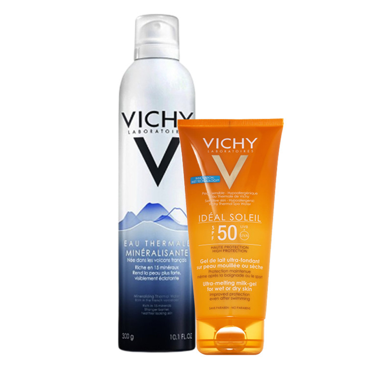 Bộ chăm sóc da Kem Chống Nắng Toàn Thân Dạng Gel Sữa Không Gây Nhờn Rít UVA + UVB Body Milk Gel SPF 50 PA+++  Vichy (200ml) + Nước Khoáng Vichy Mineralizing Water (300ml)