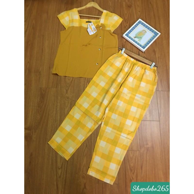 Đồ bộ nữ,đồ ngủ mặc nhà lửng 9 tấc vải tằm ý phối lụa caro siêu cưng size 45-65kg.
