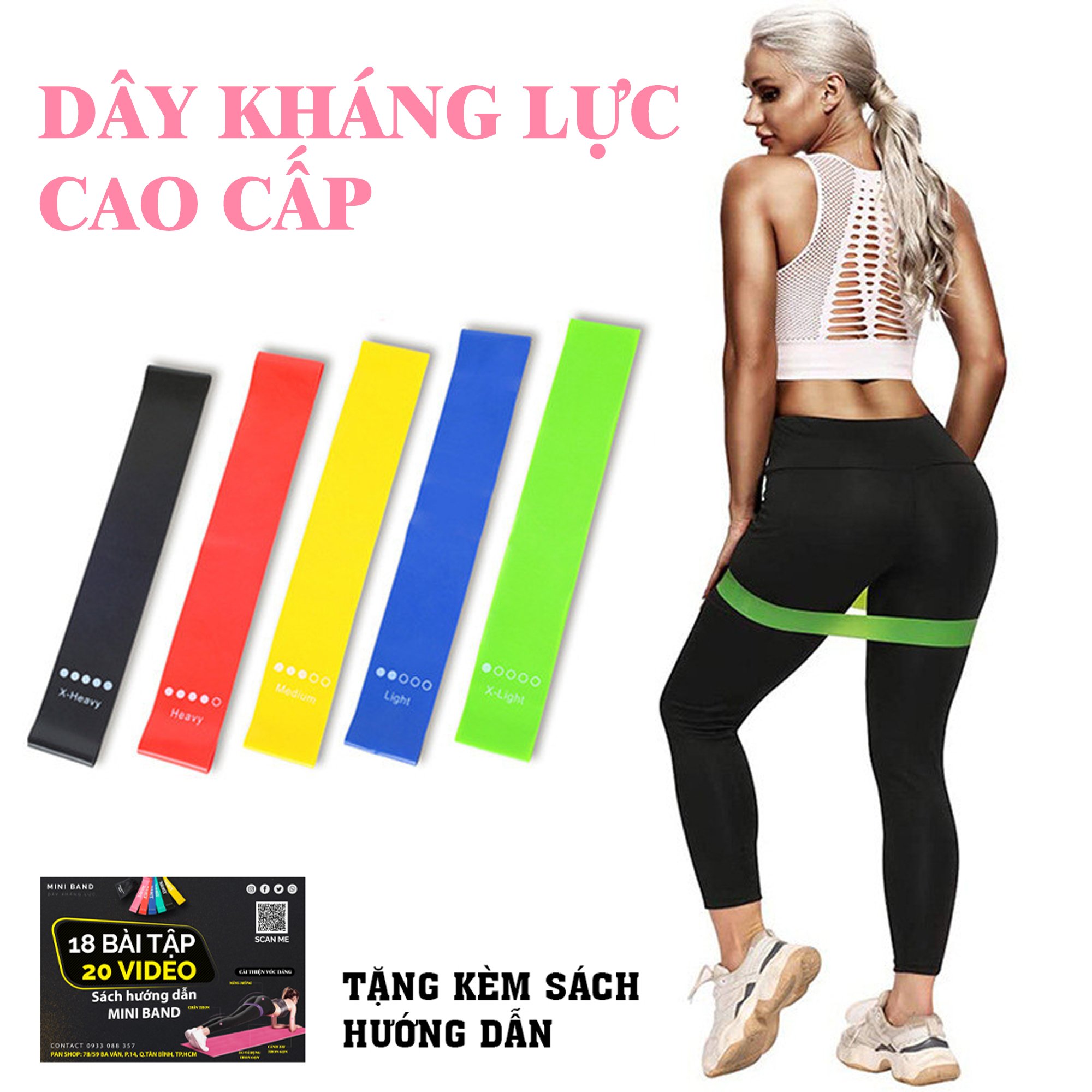 Bộ 5 dây đàn hồi tập gym, dây đàn hồi miniband tập yoga, dây đàn hồi tập thể dục, dây đàn hồi kháng lực cao cấp ( Tặng kèm sách hướng dẫn + túi )