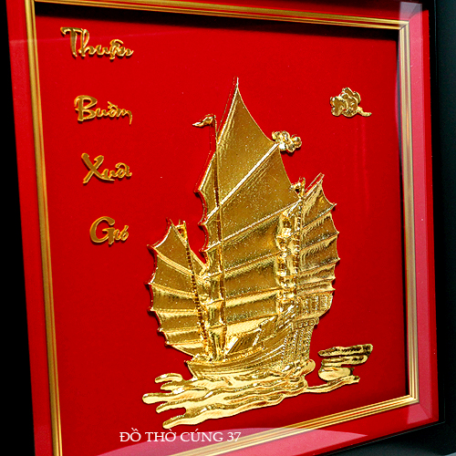 Tranh Thuyền Buồm Xuôi Gió Mạ Vàng, dát vàng 24k