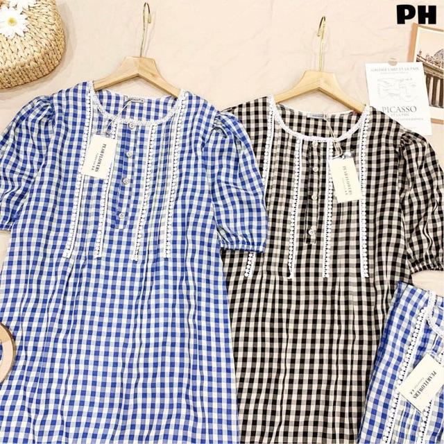 Váy kẻ caro phối zen dáng suông dài phong cách vintage. Váy suông banydoll siêu xinh