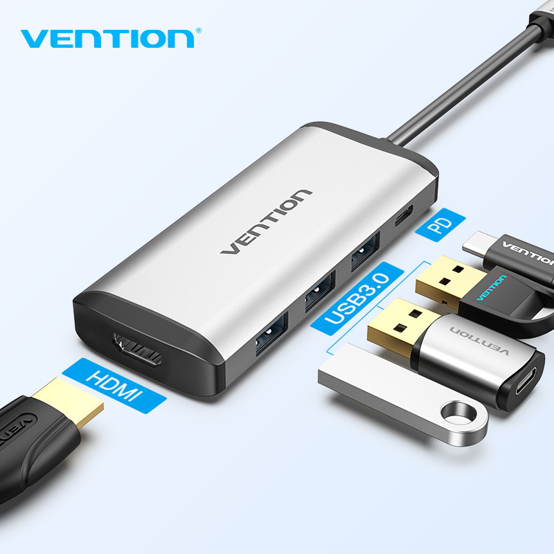 Hub Type-C to HDMI 6 in 1 cho Macbook có sạc nhanh - Chuyển đổi HUB USB Type C to HDMI, VGA, USB 3.0, PD Type-C Vention - Hàng chính hãng