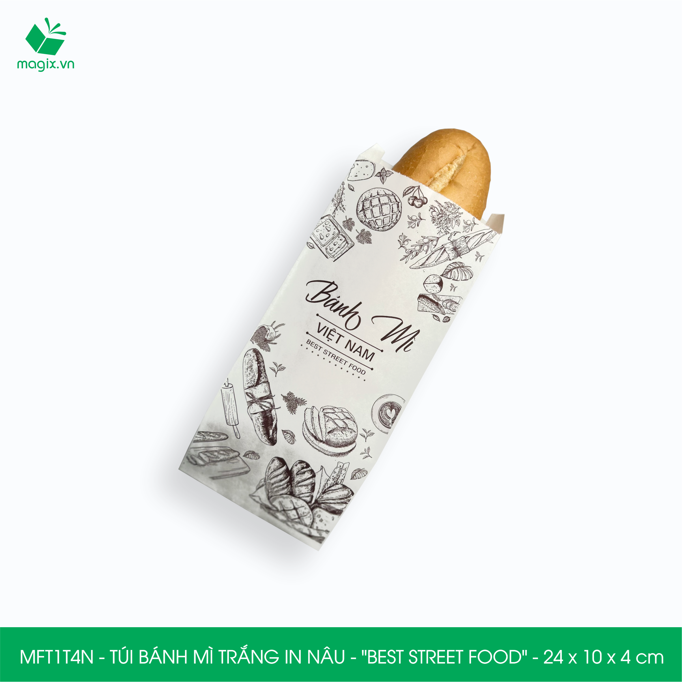 MFT1T4N - 24x10x4 cm - 100 Túi bánh mì Trắng, in sẵn họa tiết BEST STREET FOOD - Bao bánh mì Túi giấy thực phẩm an toàn