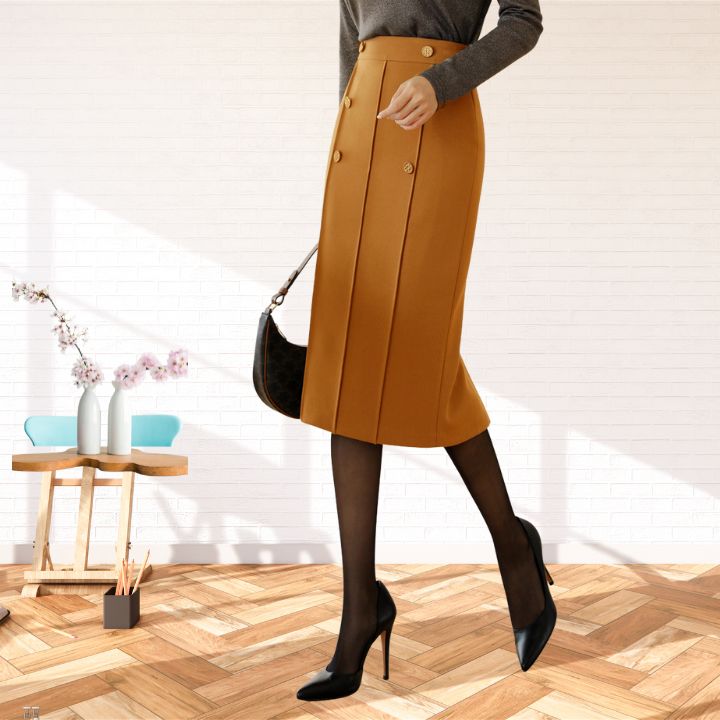 Chân Váy Công Sở New Design Thiết Kê Dáng Váy Xếp Ly Dài Qua Gối Ôm Body , Phối Nút Kiểu Mới, Vải Tốt Co Giãn CV0073