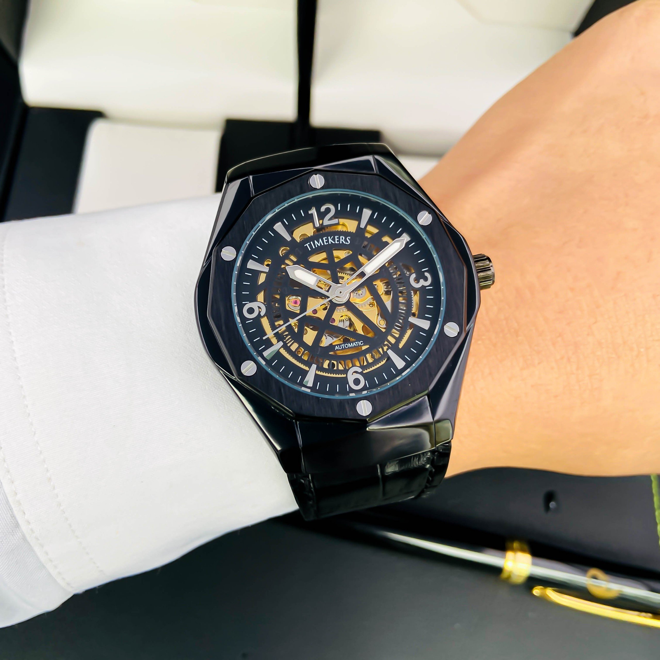 Đồng Hồ Cơ Nam Automatic Timekers, Đông Hồ Cơ Dây Da Lộ Máy, Mặt Kính sapphire - BH 12TH