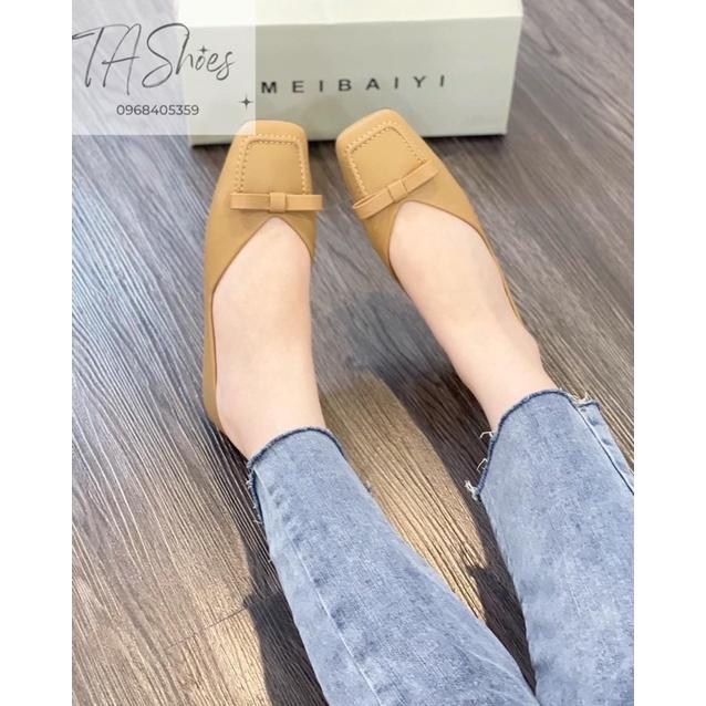 Giày Búp Bê Nữ Đế Bệt Mũi Vuông Đính Nơ Da Mềm Êm Chống Trơn. Sẵn Đen và Nâu cực xinh lên chân tiểu thư lắm ạ