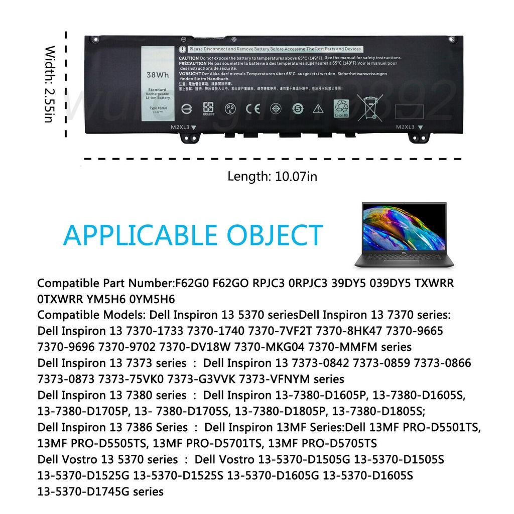 Pin Dùng Cho Laptop Dell Inspiron 13 5370 7000 7370 7380 7386 7373 F62G0 F62GO 0F62G0 RPJC3 0RPJC3 39DY5 039DY5 Inspiron 13MF