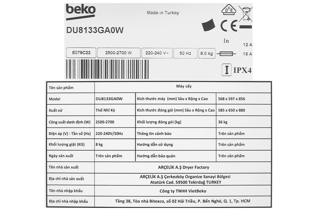 Máy sấy ngưng tụ Beko 8 Kg DU8133GA0W - Hàng chính hãng - Giao toàn quốc