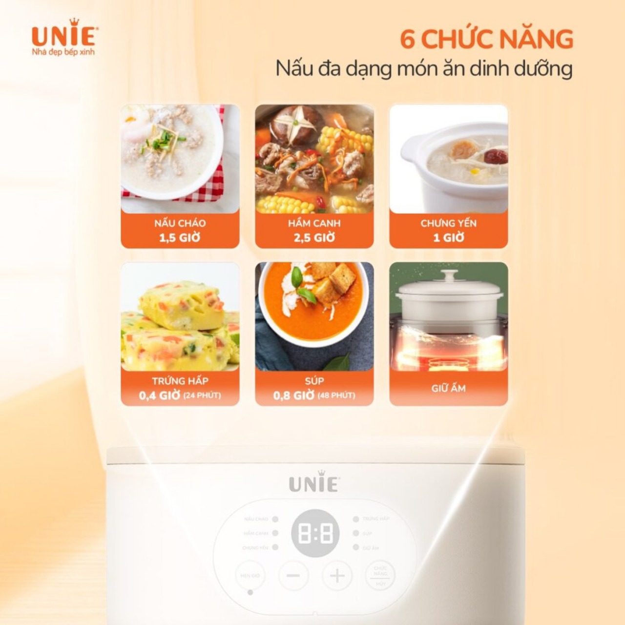 Nồi Nấu Chậm Unie USC08W, Thố Gốm 0.8Lit, 6 Chức Năng, Hẹn GIờ Nấu 12 Tiếng, Hàng Chính Hãng