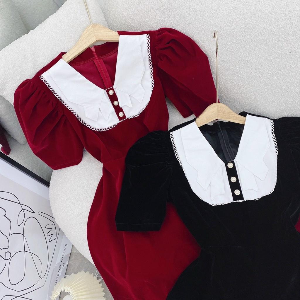 Đầm nhung đỏ phối cổ bèo trắng đính nút dáng xòe dự tiệc cưới chơi Noel chúc tết