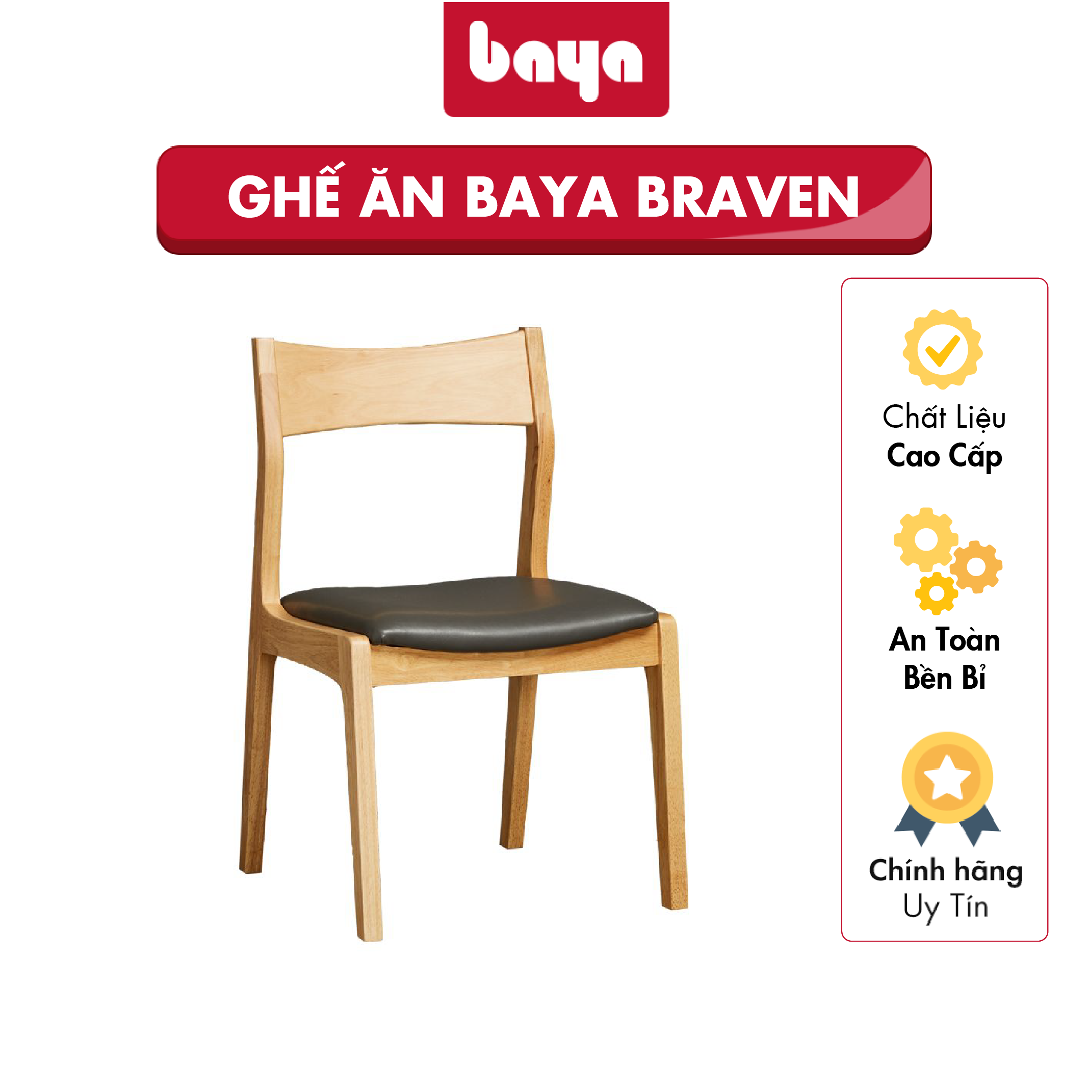 Ghế Bàn Ăn Gỗ Cao Su BAYA BRAVEN Đệm Ngồi Êm Ái Thiết Kế Đơn Giản Mộc Mạc Màu Vân Gỗ Sáng Tự Nhiên Kích Thước D55xW50xH80 - 5223