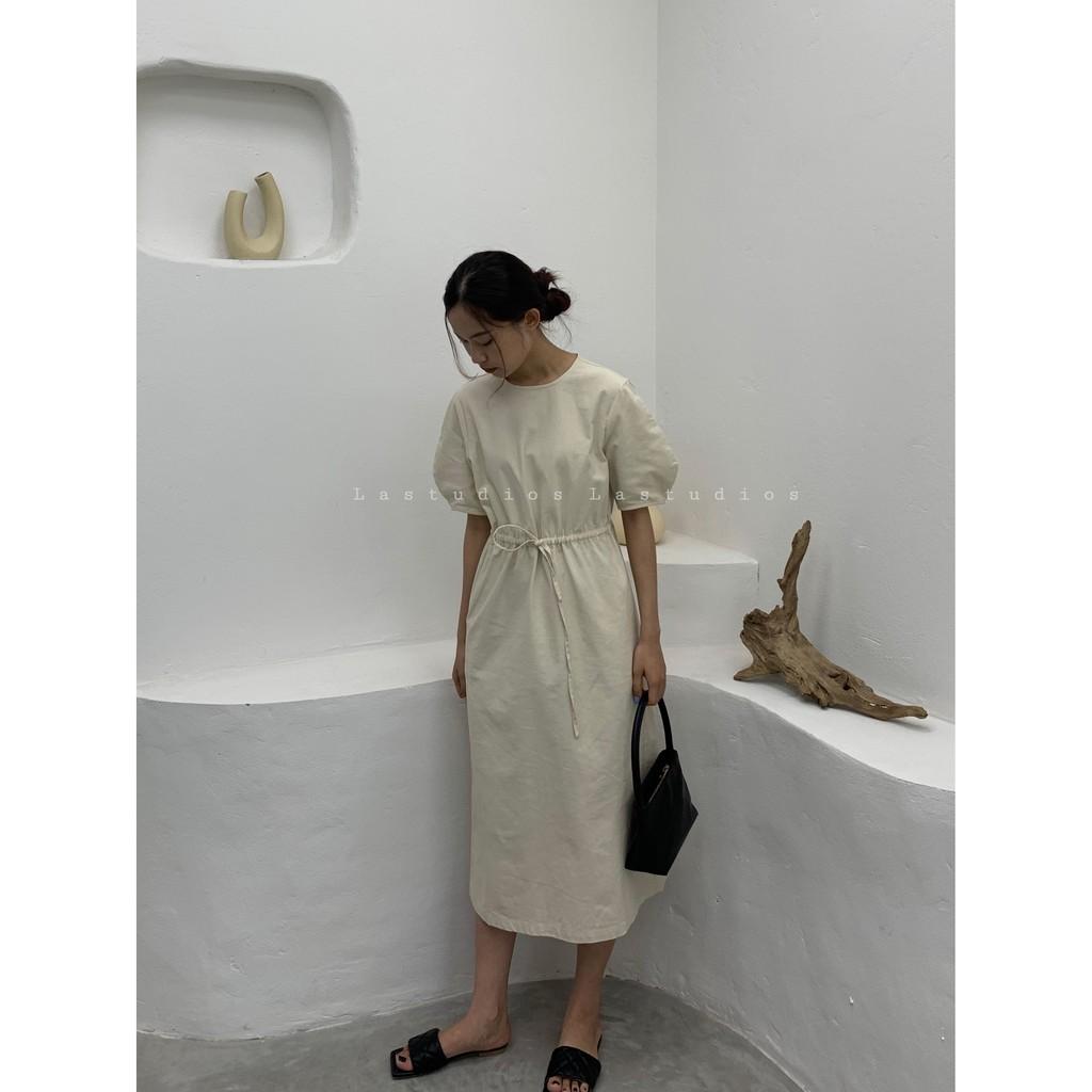 Váy trơn Linen tay bồng rút dây Hàn Quốc