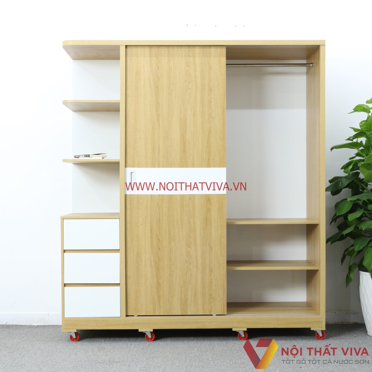 Tủ Áo Cửa Lùa Gỗ MDF Có Kệ Trang Trí Màu Vàng Vân Gỗ Chỉ Trắng Đẹp