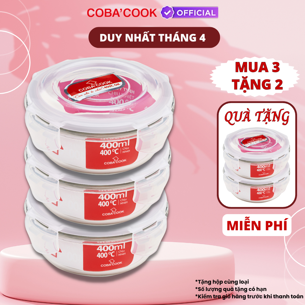 Bộ Hộp Đựng Thực Phẩm Bảo Quản Thức Ăn Thủy Tinh Chịu Nhiệt Mua 3 TẶNG 2- 400ml