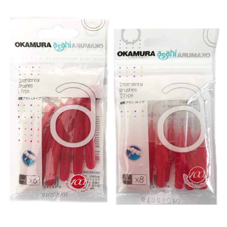 Combo 2 bịch bàn chải kẻ răng Okamura 0.7mm dạng chữ L và chữ I