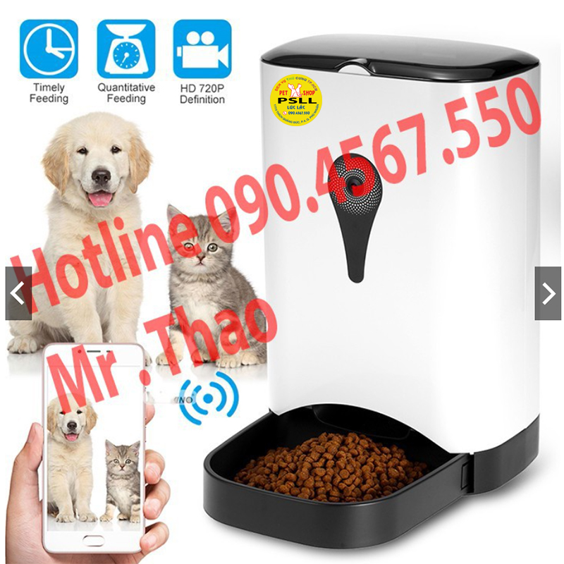 Máy tự động cho Chó Mèo ăn, qua Điện Thoại 4G Wifi, có Camera, Pet Feeder . Hộp tự động rơi thức ăn