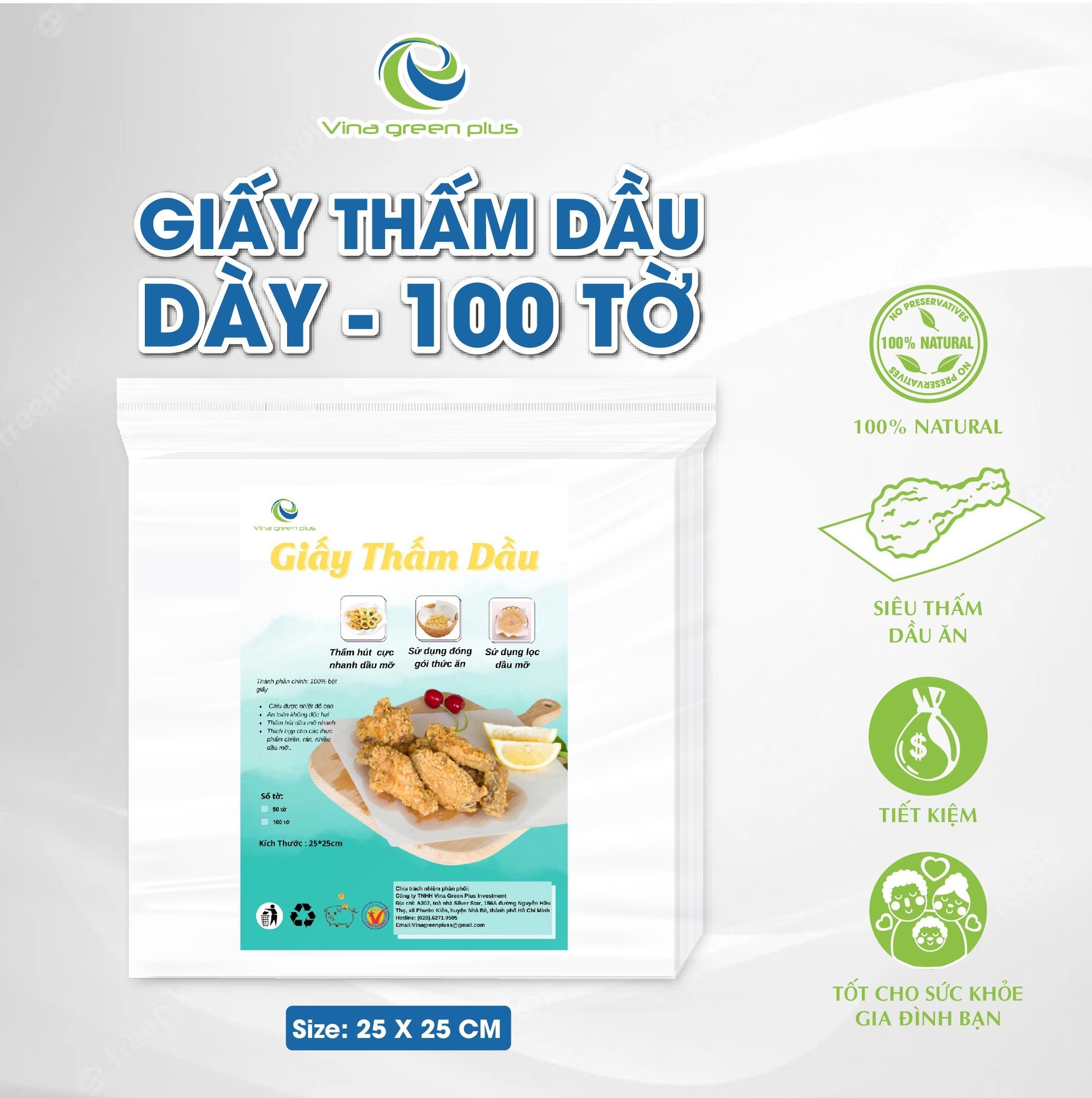 Giấy Thấm Dầu Vinagreen Trắng - Dày 25x25cm 100 Tờ