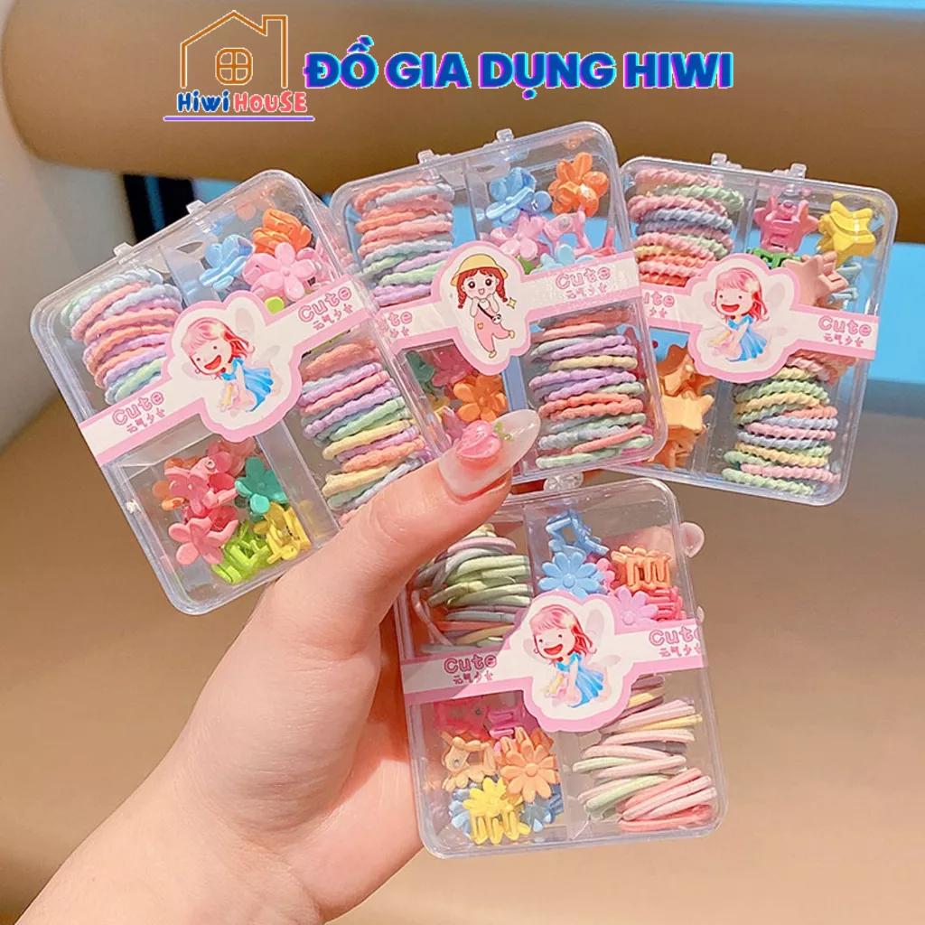 Set dây buộc tóc mix kẹp tóc càng cua cho bé (Hộp Vuông 4 Ngăn)