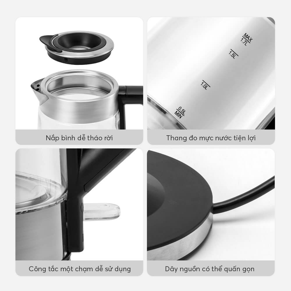 Ấm Đun Nước Siêu Tốc Thuỷ Tinh Elmich KEE-8458 1.7L 2200W, Hàng Chính Hãng, Đèn Led Cảm Biến-JoyMall
