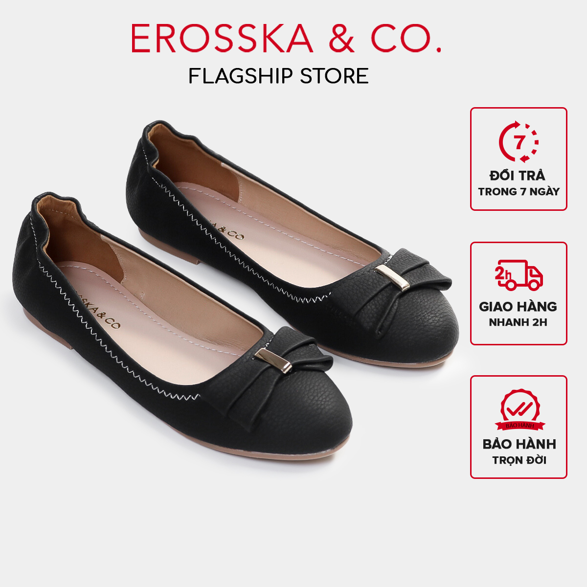 Erosska - Giày búp bê nữ đế bệt mũi tròn đính nơ xinh xắn - EF020