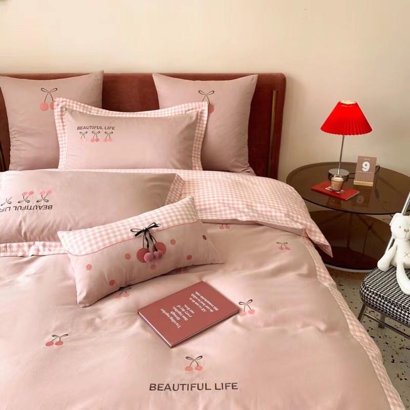 Bộ Chăn Ga Gối Lụa Tencel Thêu Hàng Nhập Khẩu Cao Cấp 5 Món Cherry Mộng Mơ