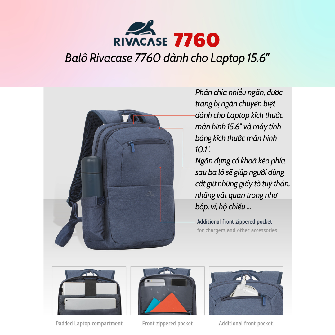 Balô Rivacase 7760 Để Vừa Laptop 15.6&quot; - Bảo Hành 24 Tháng - Hàng Chính Hãng
