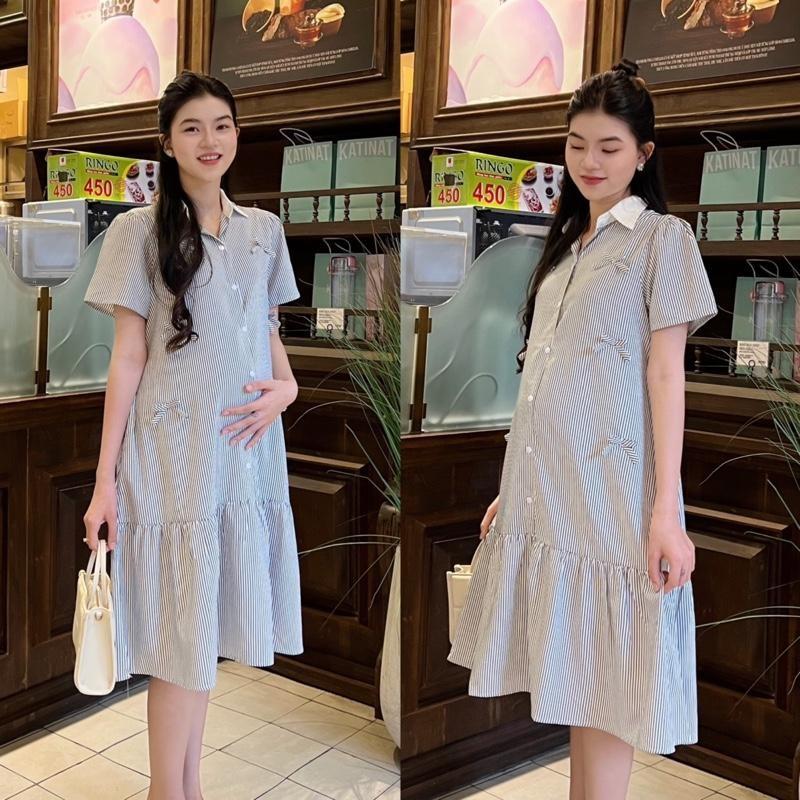 Đầm bầu công sở vải sọc cotton hàn cổ sơ mi đính nhiều nơ xinh Váy Bầu Dễ Thương - Xanh nhạt