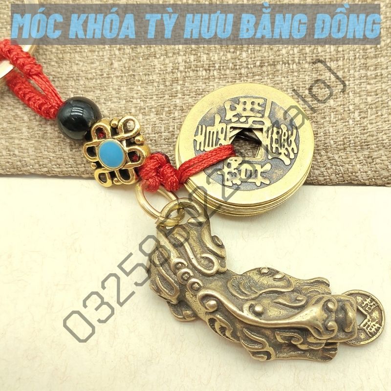Móc Khóa Tỳ Hưu Kèm Xu Ngũ Đế Treo Xe Máy, Ô Tô, Túi Xách Phong Thủy May Mắn