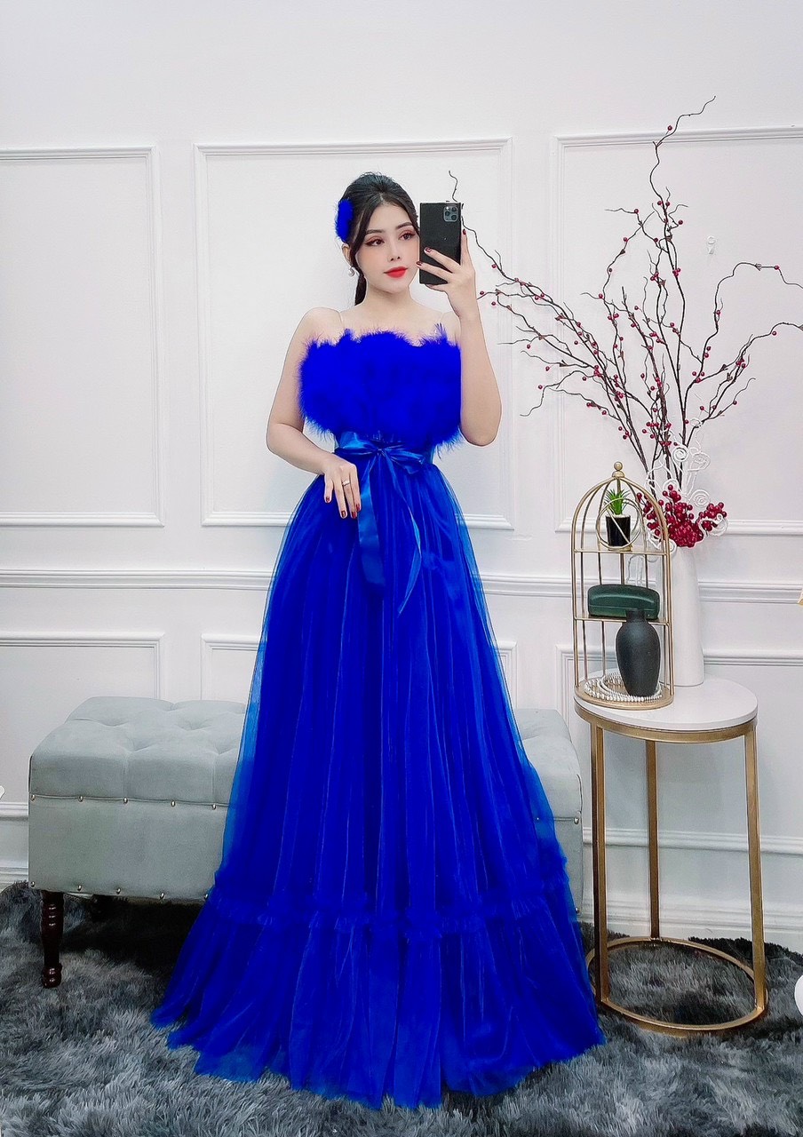 Đầm maxi dự tiệc lưới nhún lai phối lông ngỗng TRIPBLE T DRESS -size M/L - MS131Y