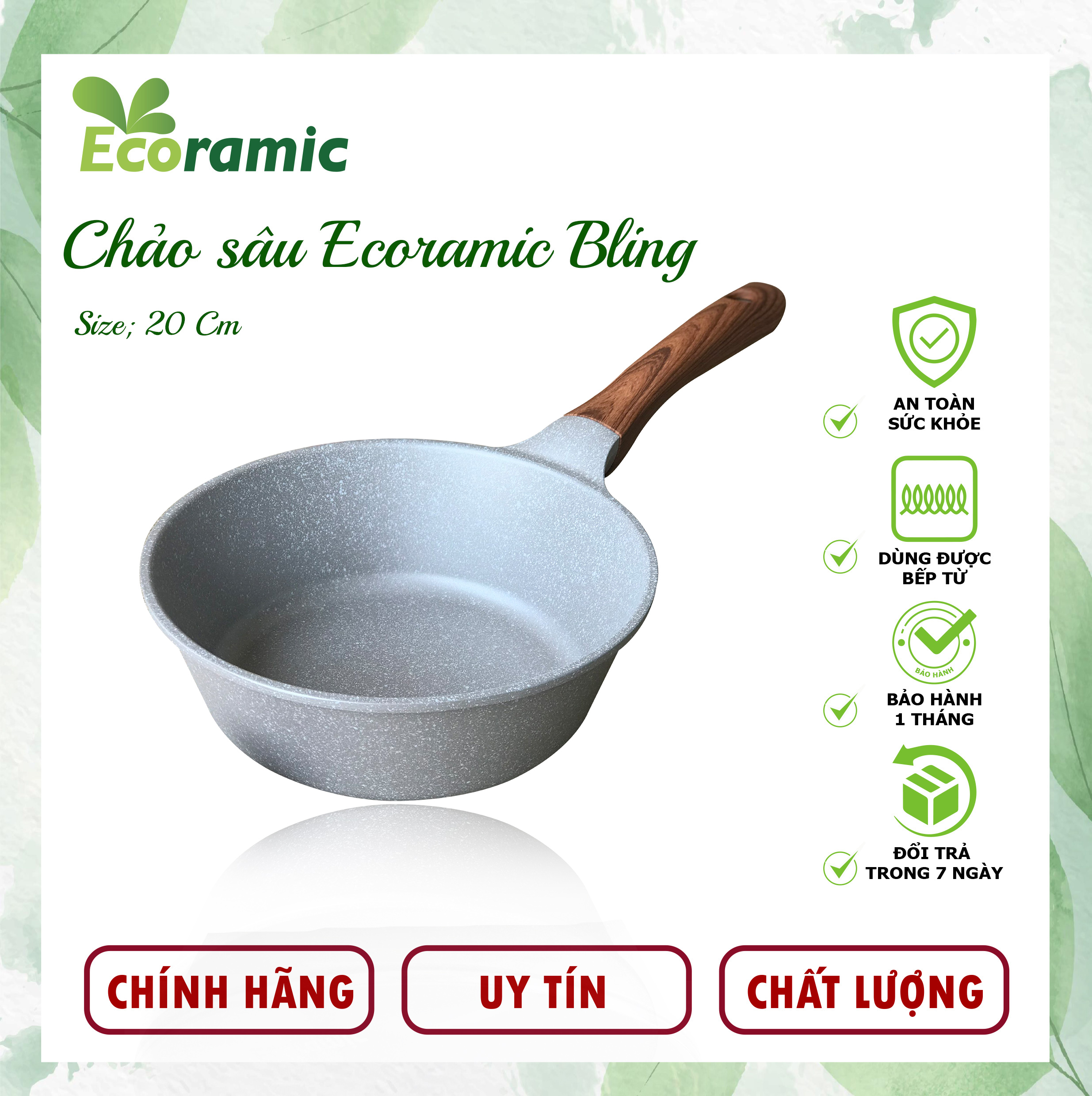 Chảo Sâu Chống Dính Ecoramic Bling Size 24 Chính Hãng Cao Cấp, Siêu Bền, Dùng cho mọi loại bếp, Bảo hành chính hãng 2 tháng