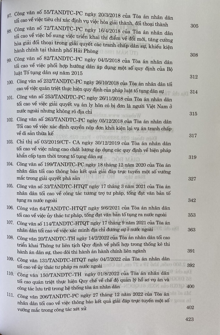 Hệ Thống Công Văn Hướng Dẫn Nghiệp Vụ Của Toà Án Nhân Dân Tối Cao Trong Lĩnh Vực Dân Sự Và Tố Tụng Dân Sự ( Từ năm 1986 đến năm 2023 )