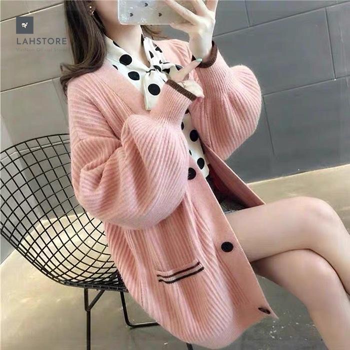 Hình ảnh Áo khoác len cardigan nữ tay phồng tiểu thư LAHSTORE, thời trang thu đông 2021 (Xanh)