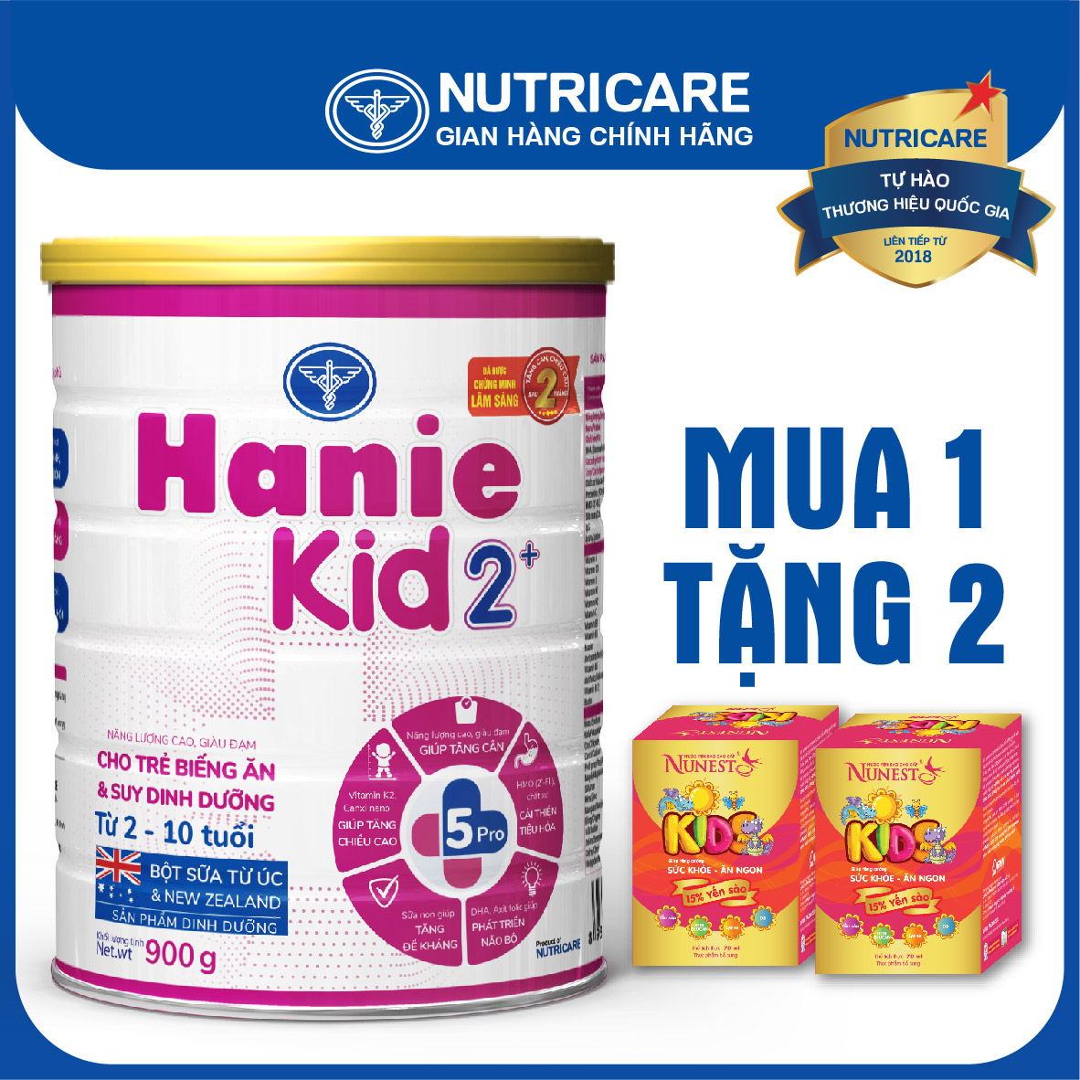 [Tặng 2 lọ yến] Sữa bột Nutricare Hanie Kid 2+ cho trẻ biếng ăn suy dinh dưỡng 800g