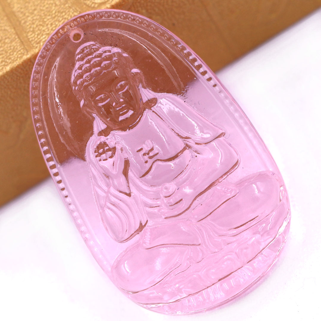 Mặt Phật A di đà pha lê hồng 1.9cm x 3cm  kèm vòng cổ dây chuyền inox vàng + móc inox vàng, Phật bản mệnh, mặt dây chuyền